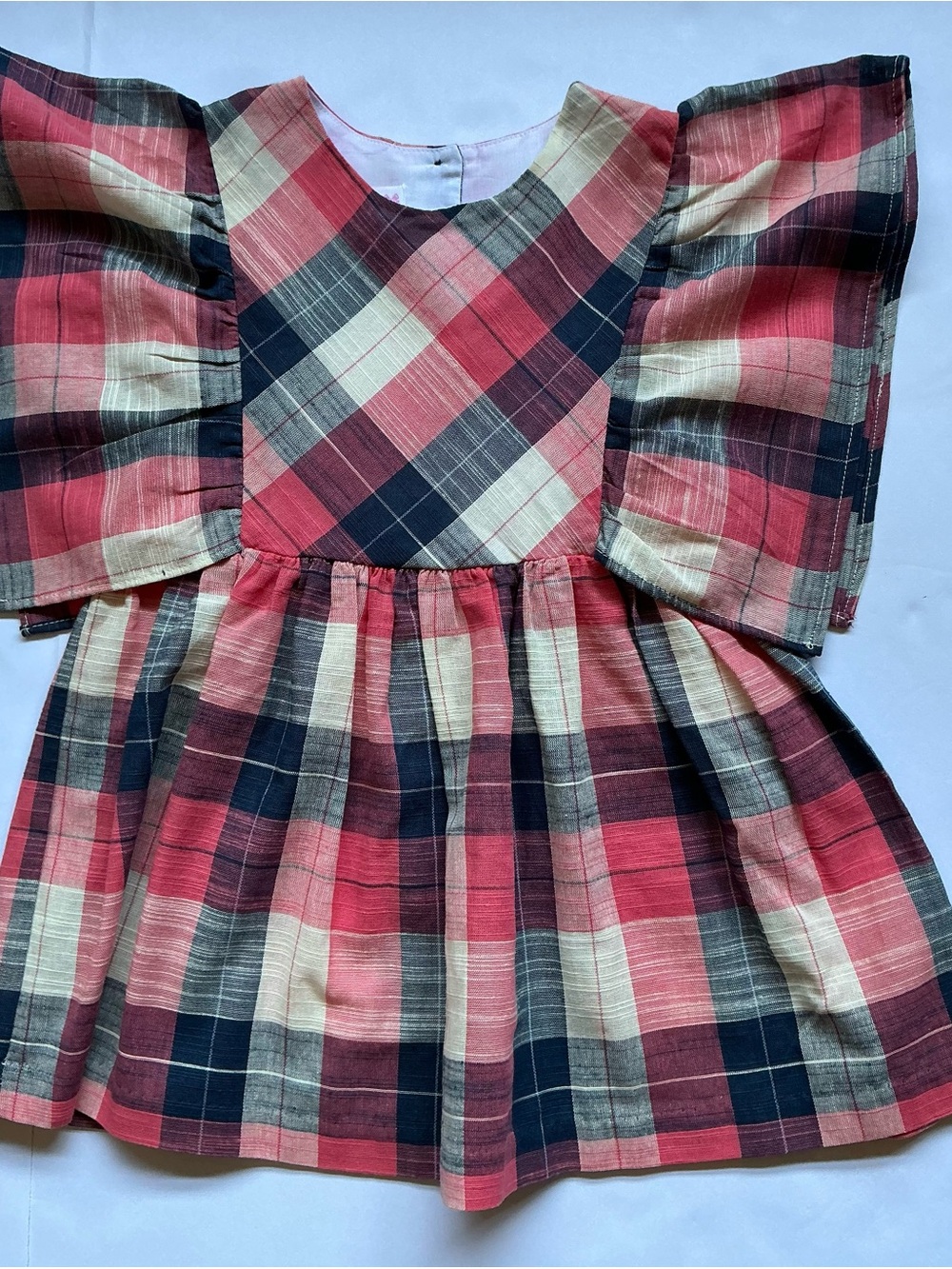 Bonnie Jean Plaid Flutter-Sleeve Dress in Coral, Navy and Cream